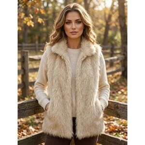 Special‎ One International Vest Womens Size M Faux Fur Cream Layering Boho Chic